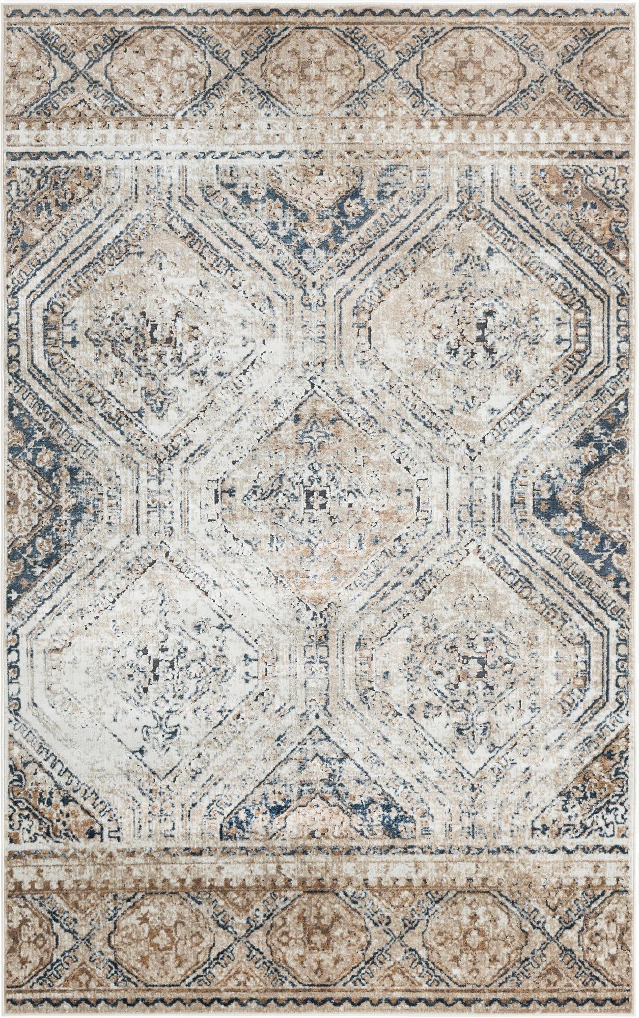 A 5x8 rectangular Eliza collection rug featuring a distressed traditional trellis pattern in blues and browns/tans.