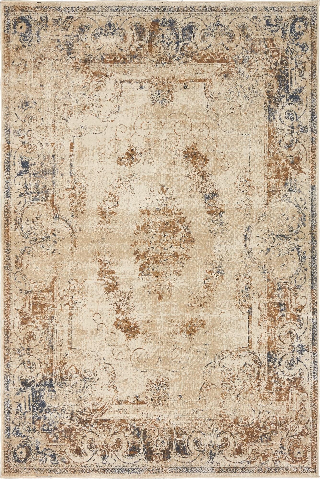 A 4x6 rectangular Eliza collection rug in blue and cream, featuring a distressed traditional botanical pattern with a central medallion.