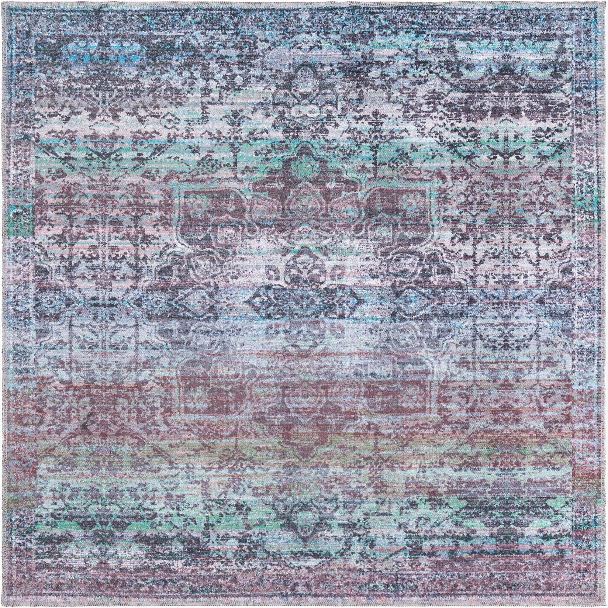 A 5'3" x 5'3" square Francesca rug from Rugs.com, featuring a distressed traditional medallion pattern in shades of blue, green, and hints of purple.
