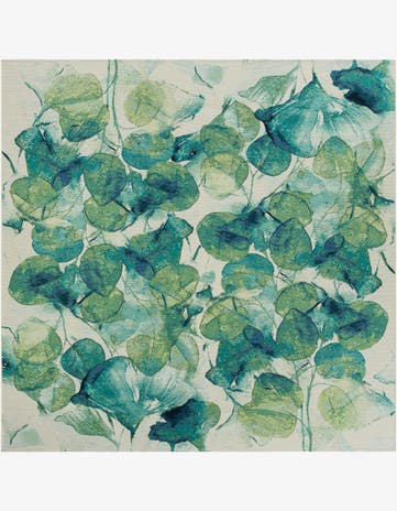 Blue Green Easy-Clean Botanical Indoor / Outdoor Square Rug