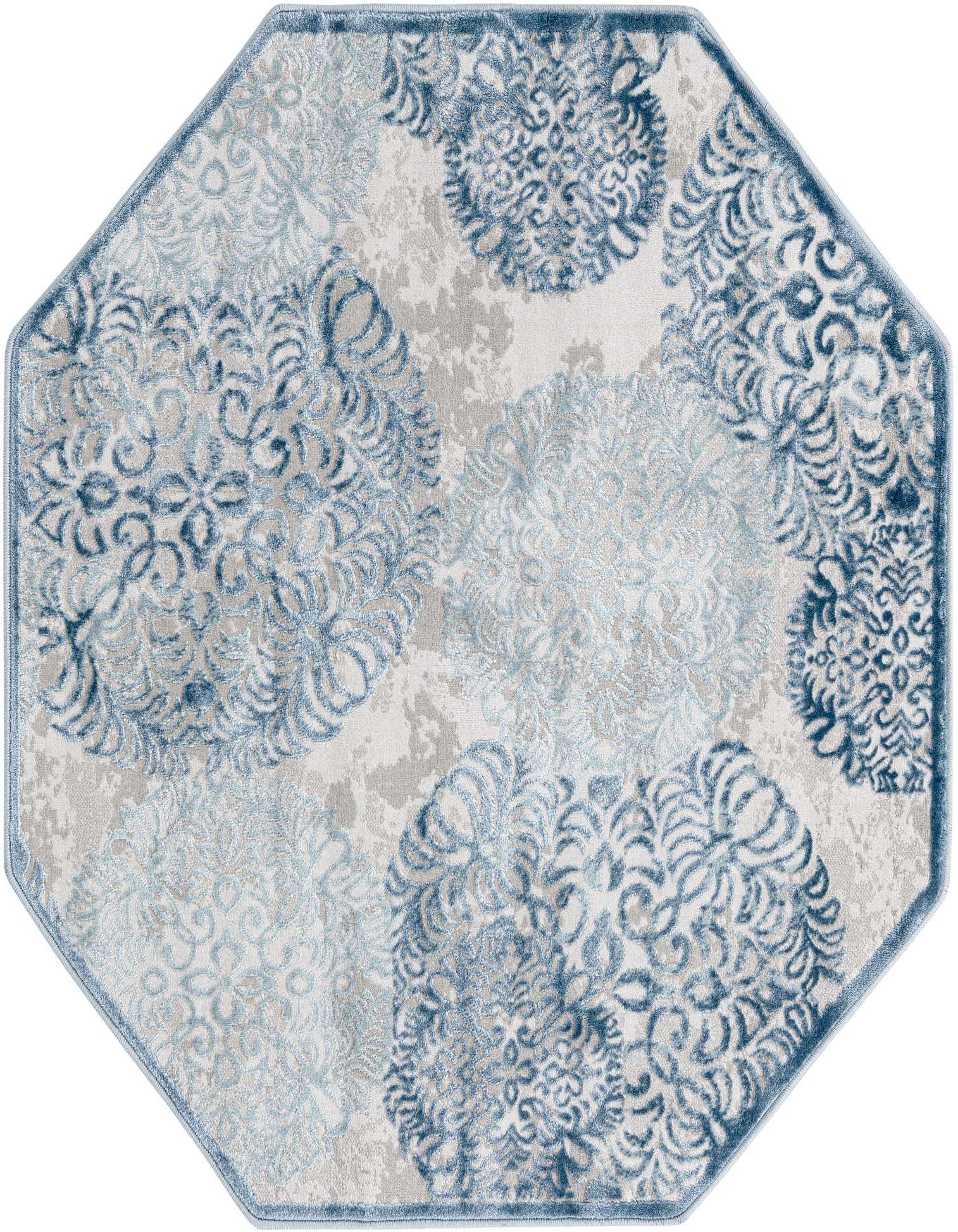 Octagon rug, 4' x 4', with a transitional blue and gray abstract pattern featuring high-low pile texture.
