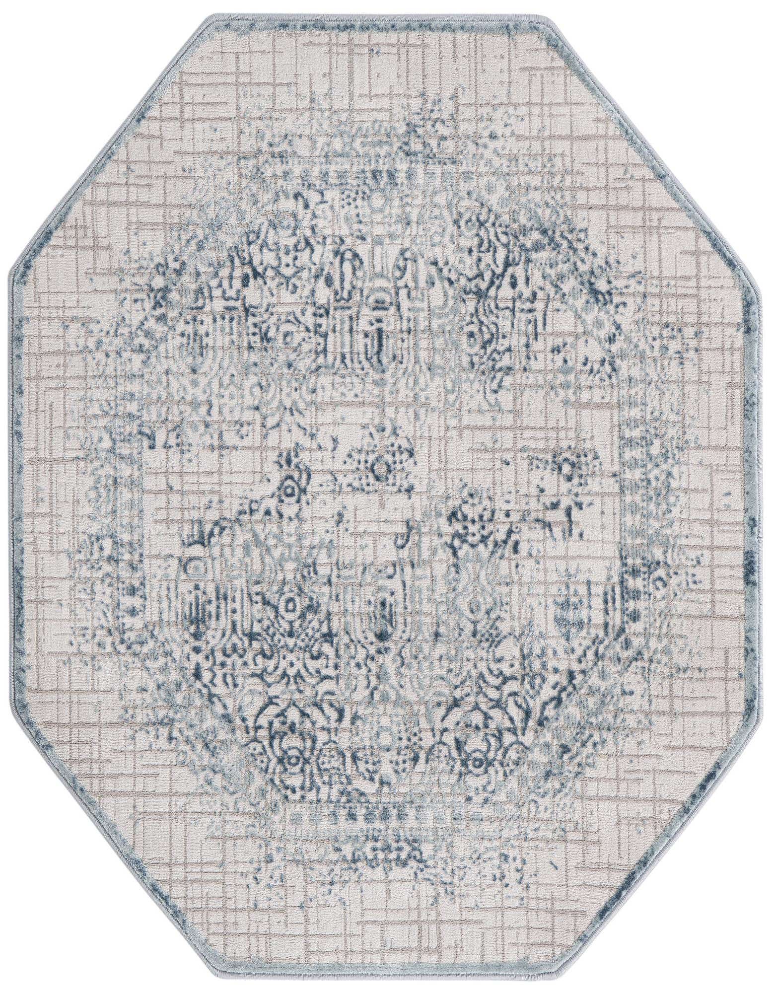 A 4' 0 x 4' 0 octagon rug with a distressed blue abstract medallion pattern on a light beige background.