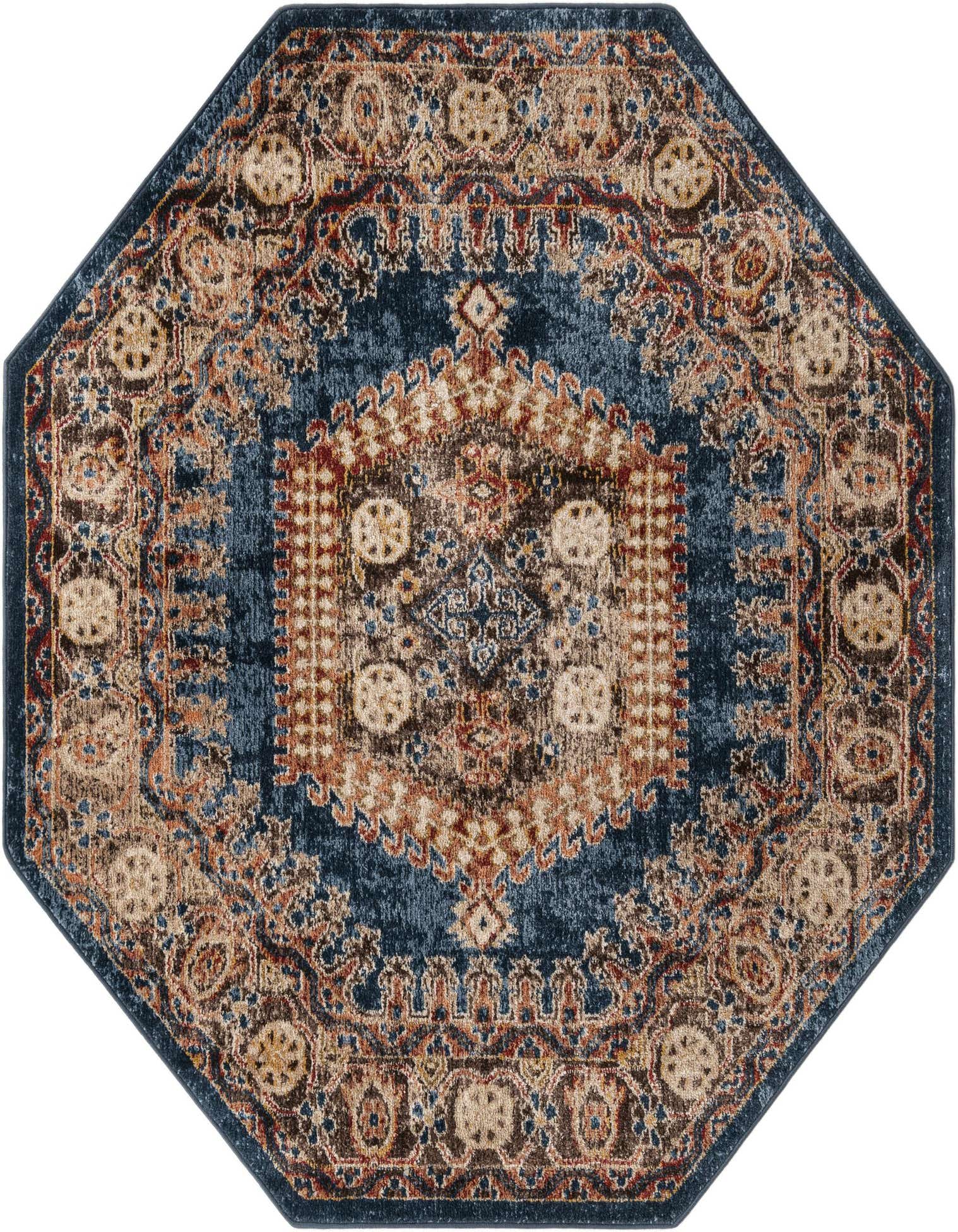 An octagonal Eden Collection rug featuring a distressed traditional medallion pattern in shades of blue, beige, and brown.