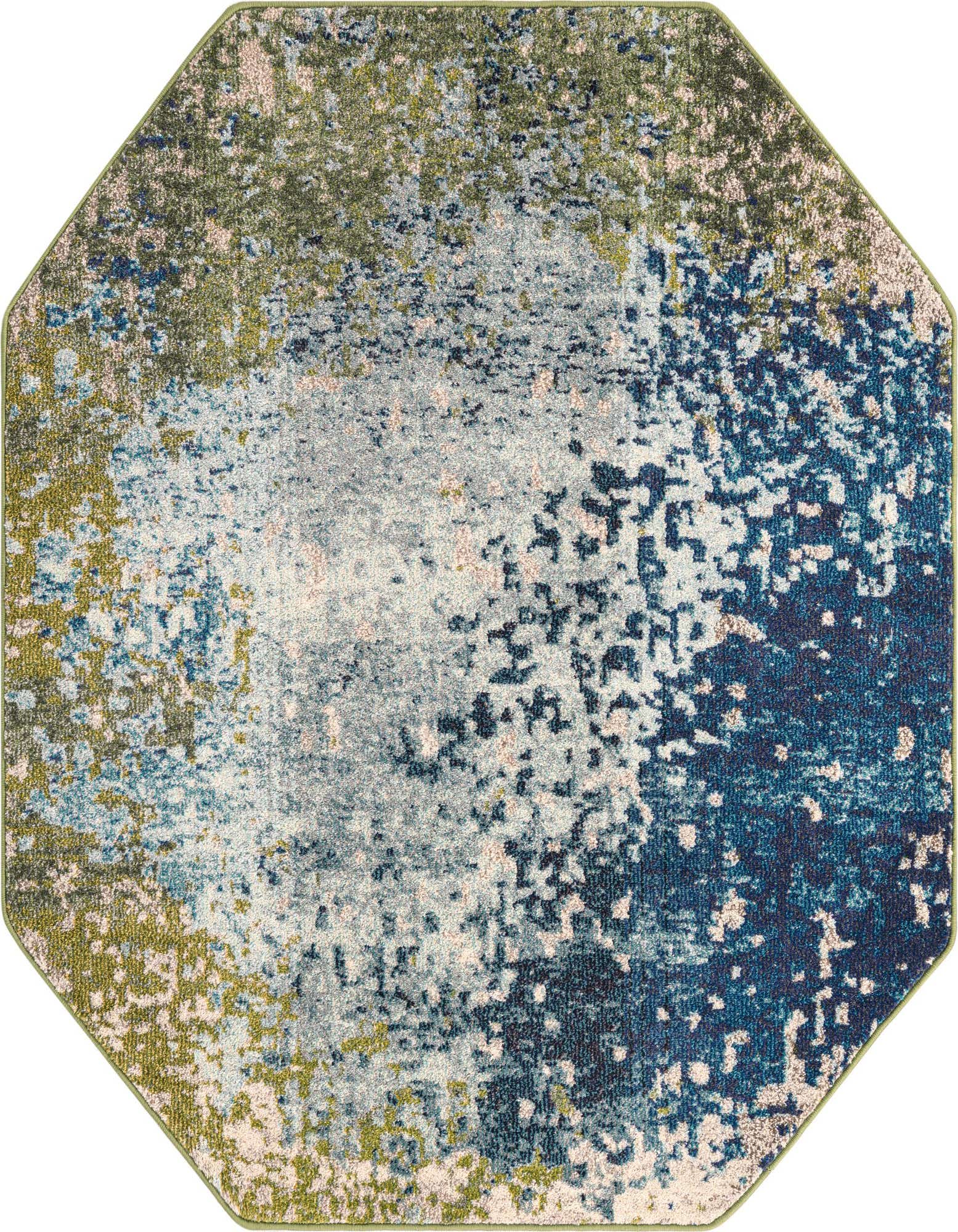 Octagon-shaped modern abstract rug in varying shades of blue, green, and light grey, with a medium pile.