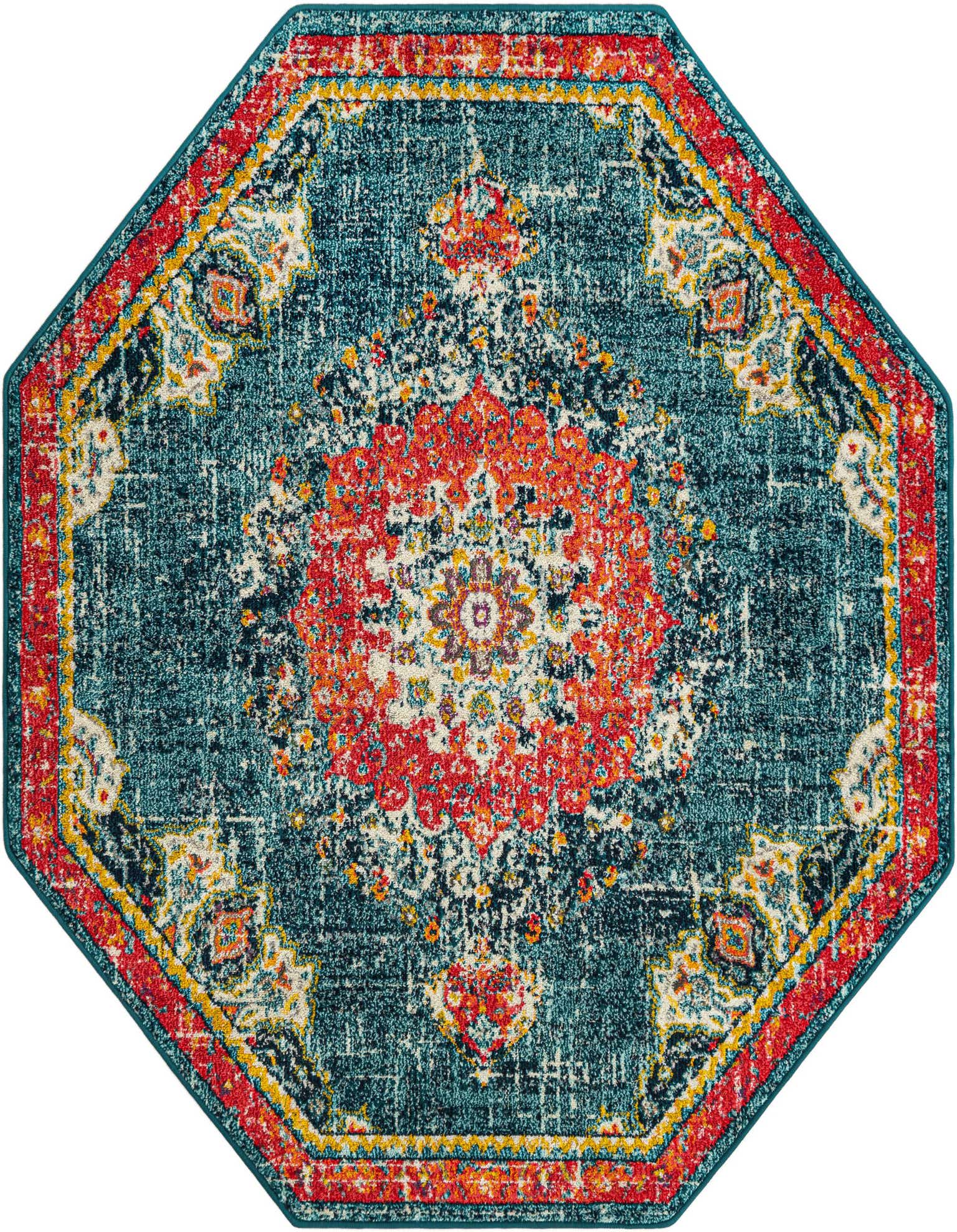 A 6' 0 x 6' 0 octagon rug with a distressed traditional medallion pattern in blues, reds, and yellows.