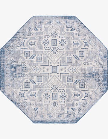 Blue Easy-Clean Aztec Indoor / Outdoor Octagon Rug
