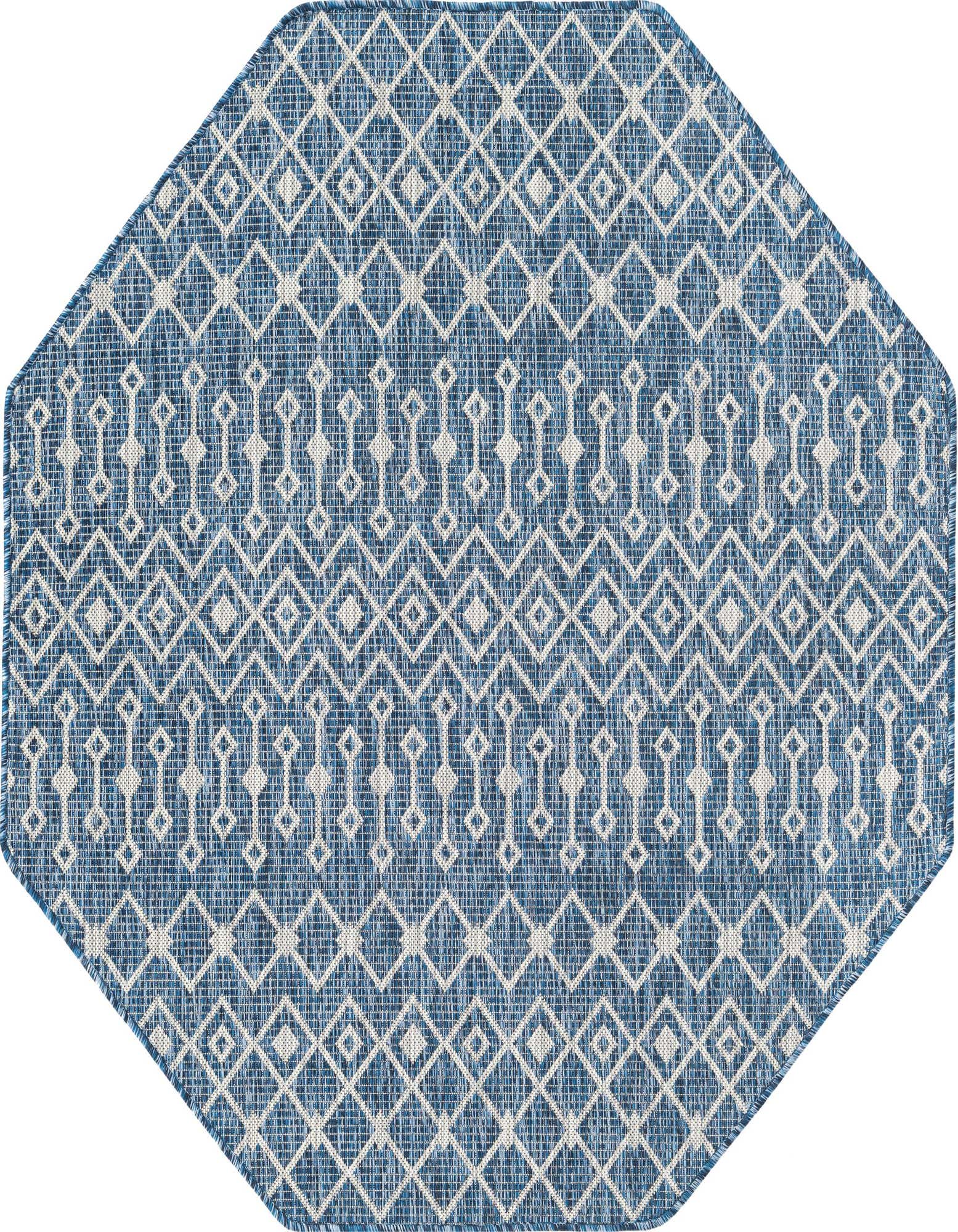 Octagon 5' 3 x 5' 3 blue and white tribal pattern rug, suitable for indoor/outdoor use.