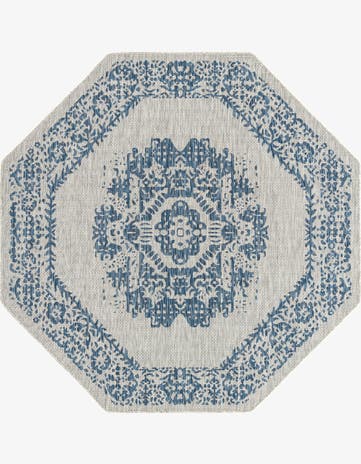 Blue Easy-Clean Traditional Indoor / Outdoor Octagon Rug