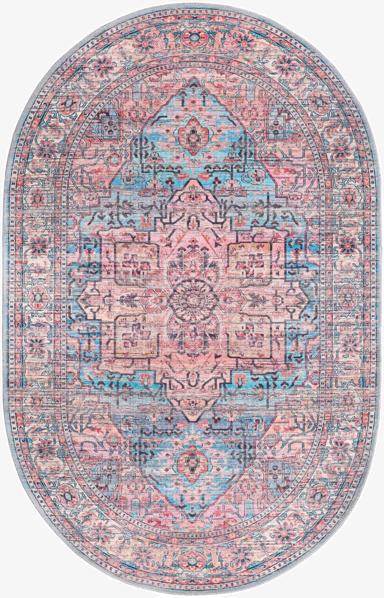 An oval 4'x6' Maahru rug by Rugs.com featuring a distressed traditional medallion pattern in shades of blue, pink, and red.
