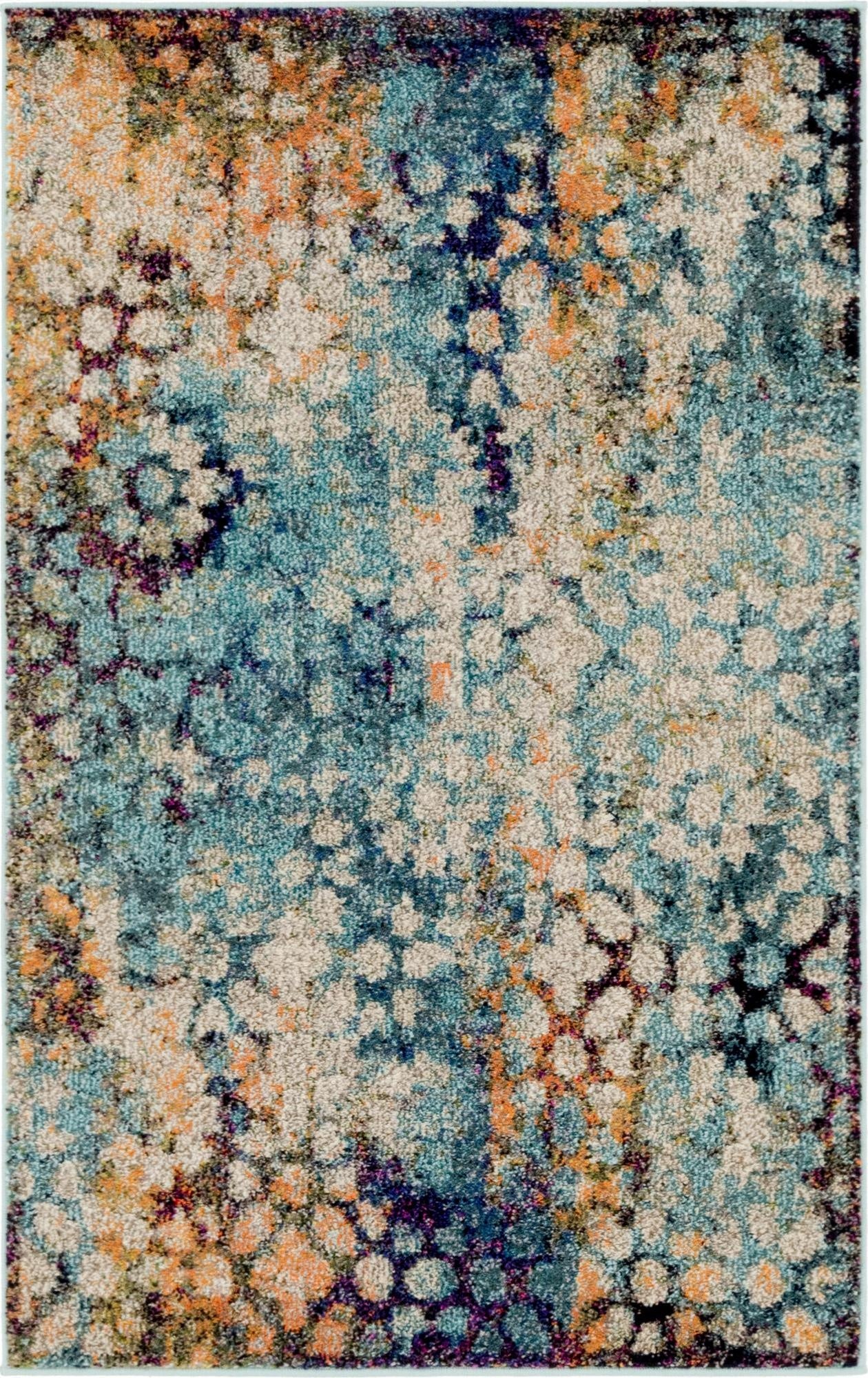 A 3x5 rectangular abstract area rug with a blend of blues, oranges, and creams, featuring a subtle geometric pattern.
