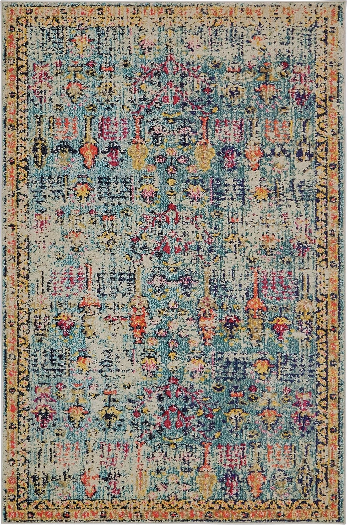 A 4x6 rectangular El Paso rug with a distressed bohemian pattern in shades of blue, red, yellow, and orange.