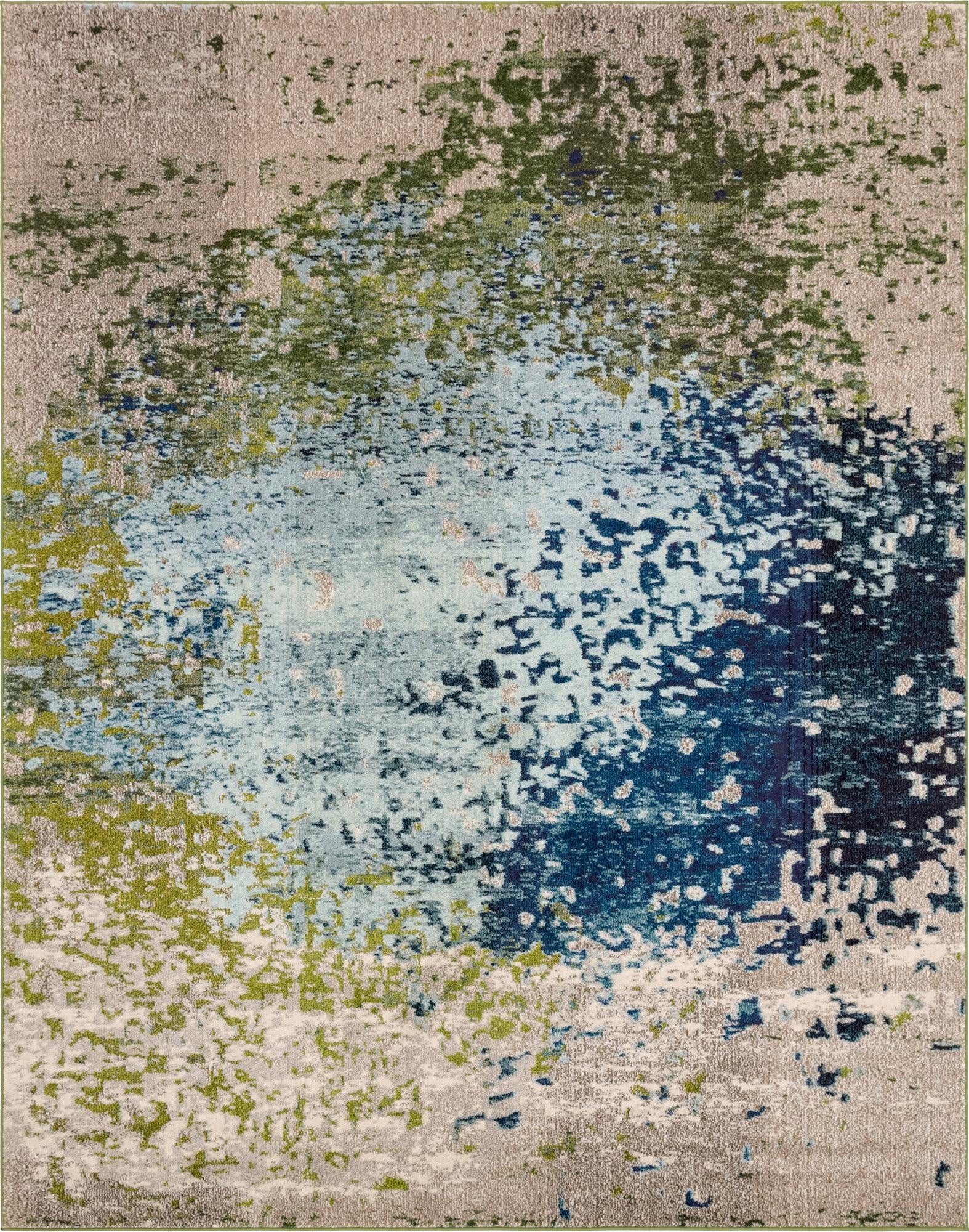 A rectangular 8x10 blue abstract area rug with splashes of light blue, dark blue, and green on a neutral background.