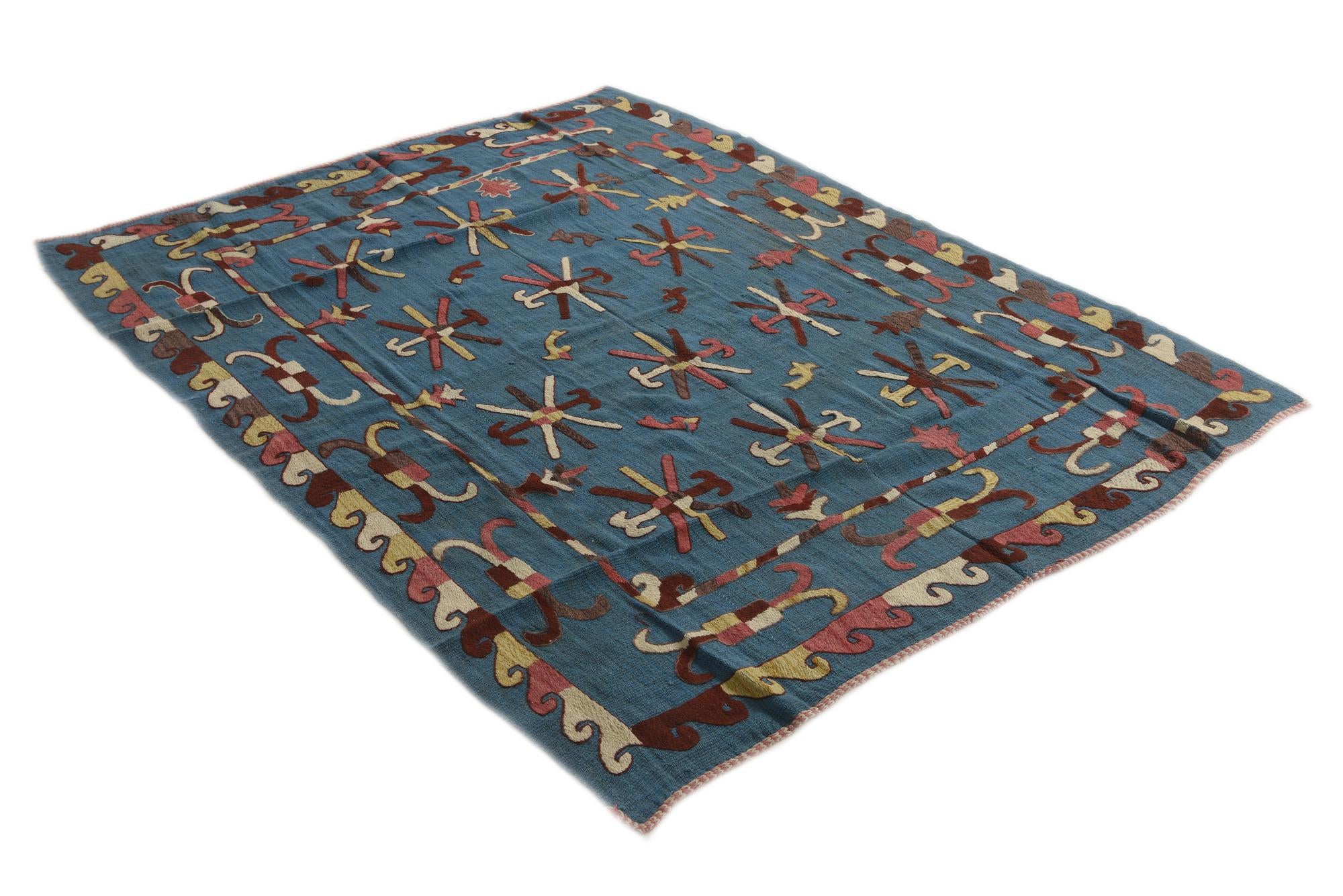 5' 9 x 7' 5 Hand Woven Kilim Suzani Wool Rug