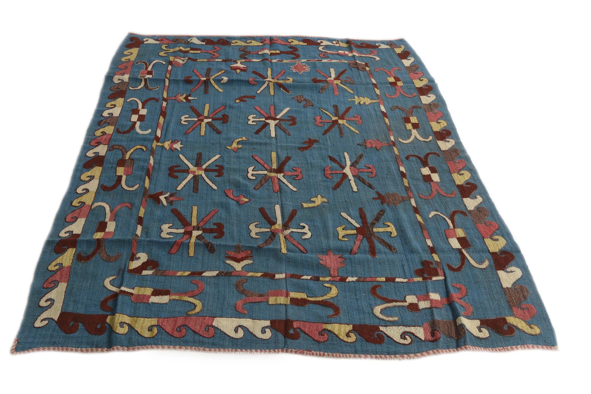 5' 9 x 7' 5 Hand Woven Kilim Suzani Wool Rug