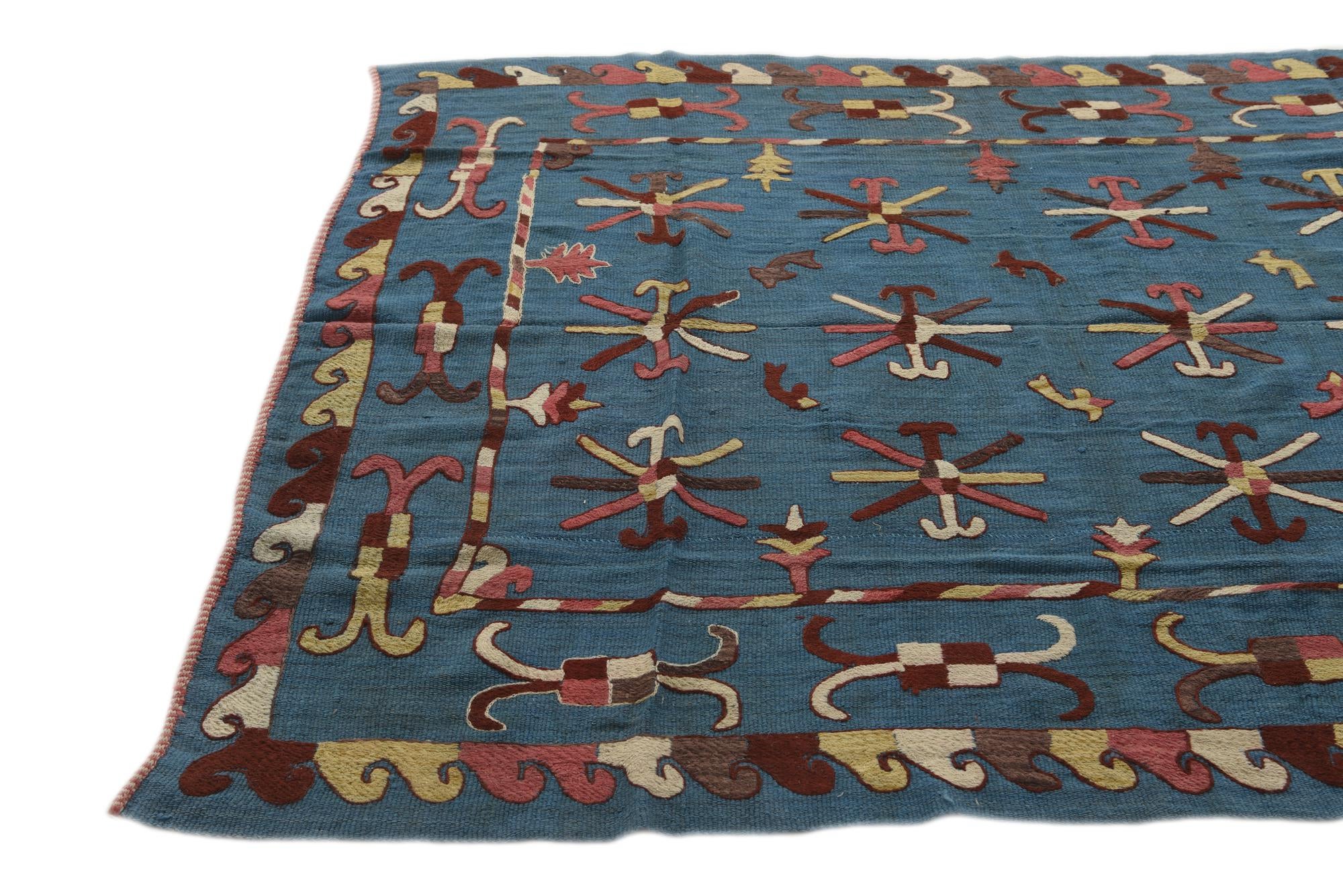 5' 9 x 7' 5 Hand Woven Kilim Suzani Wool Rug