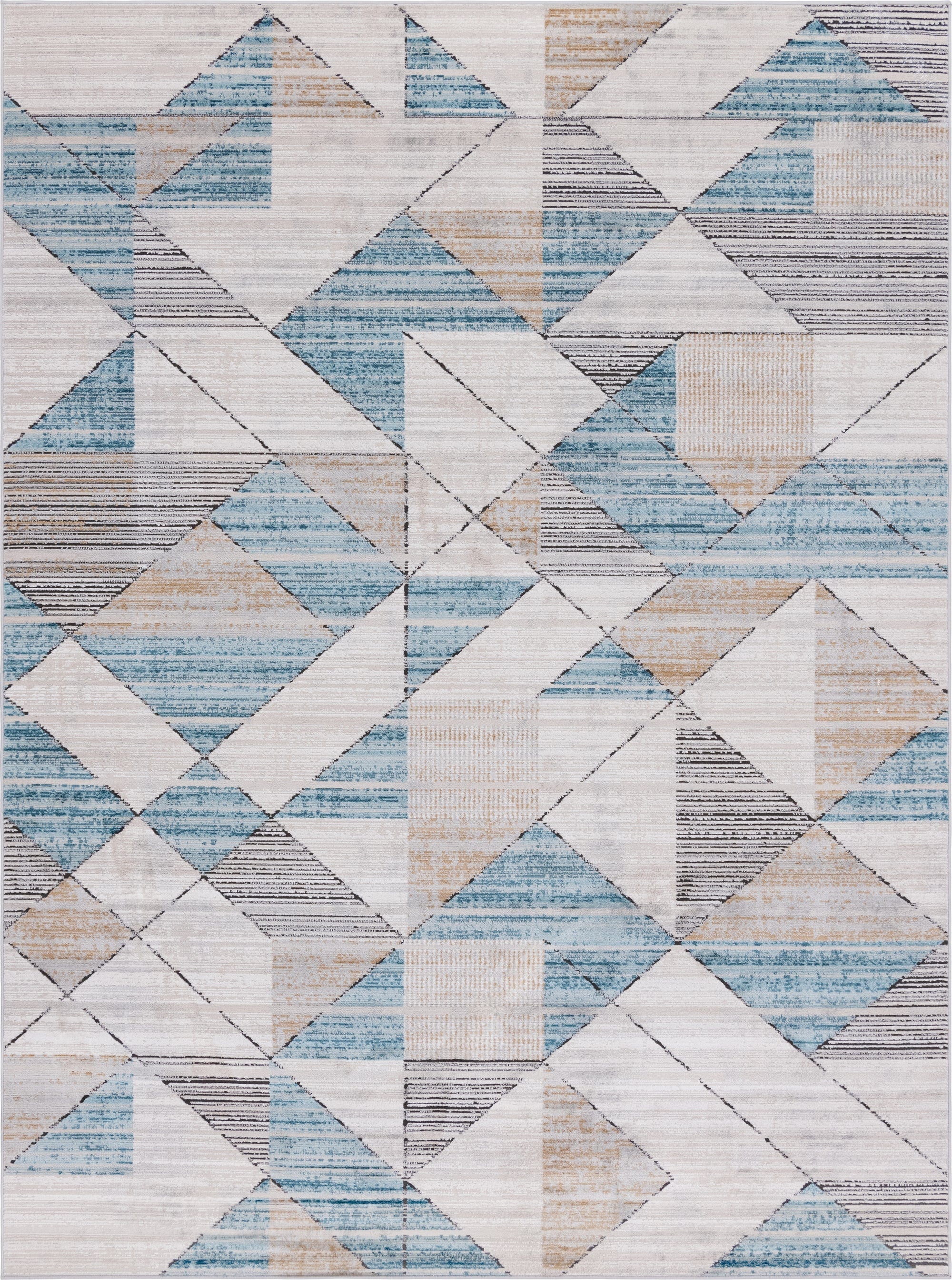 8x11 rectangular Leipzig rug with an abstract geometric pattern in shades of blue, beige, and white.
