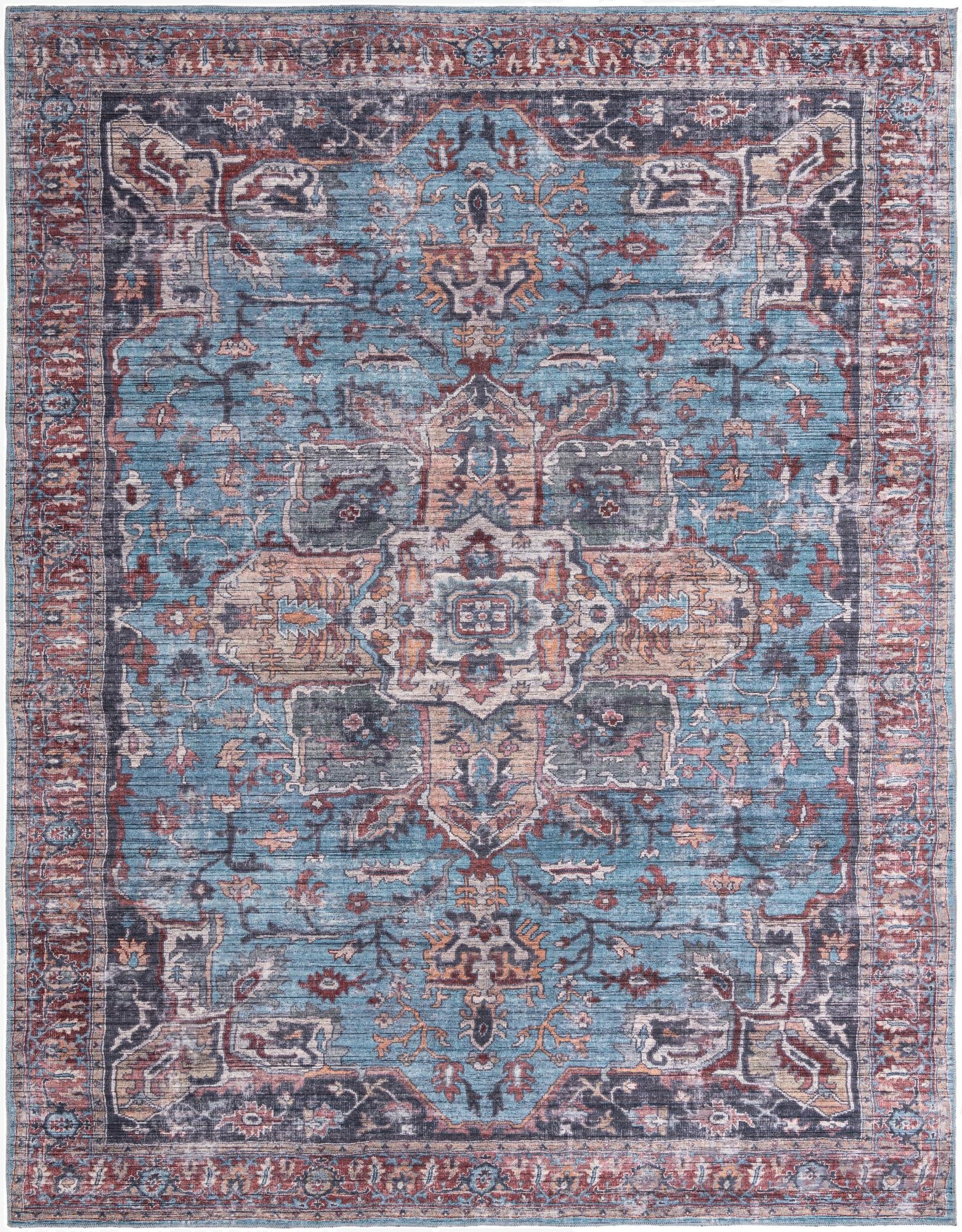 A 10x13 rectangular Maahru rug featuring a distressed traditional medallion and tribal pattern in various shades of blue, red, and beige.