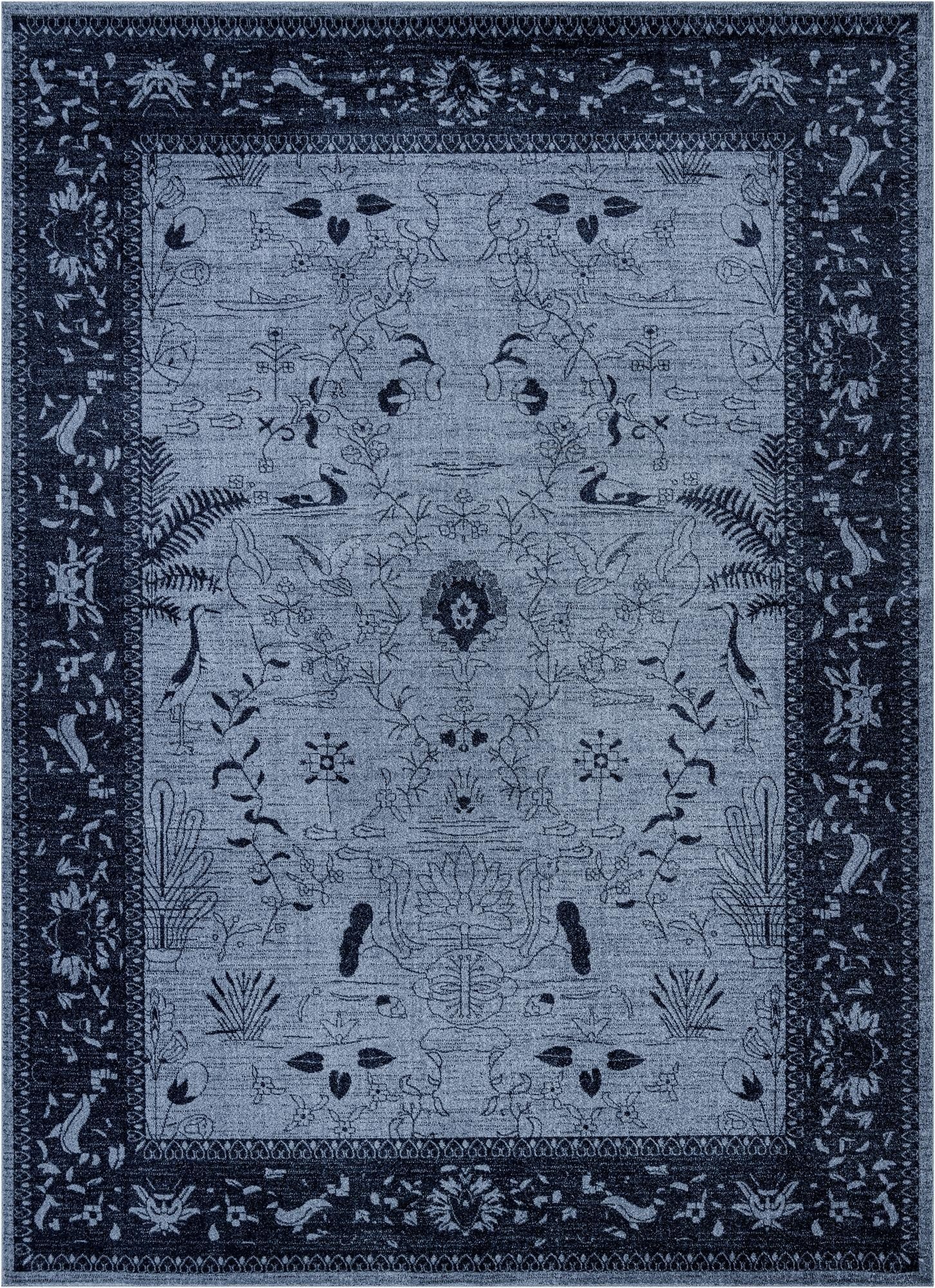 A 9x12 rectangular blue area rug featuring a traditional botanical and coastal pattern with birds and foliage, ideal for a living room.