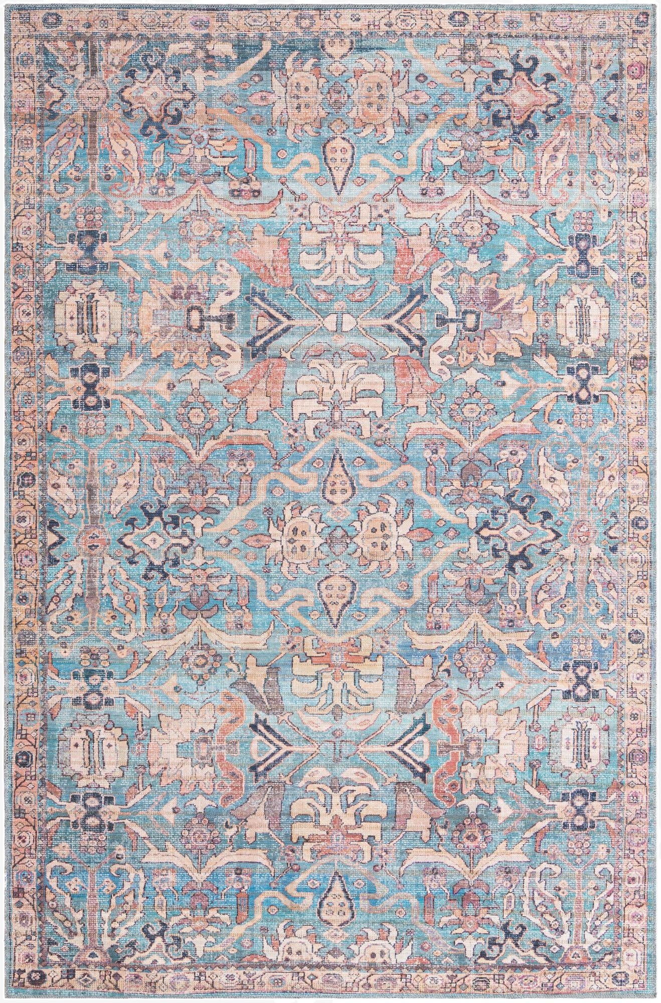 A 6x9 rectangular Rugs.com Nostalgia rug featuring a distressed traditional floral and tribal pattern in various shades of blue, cream, and muted orange.