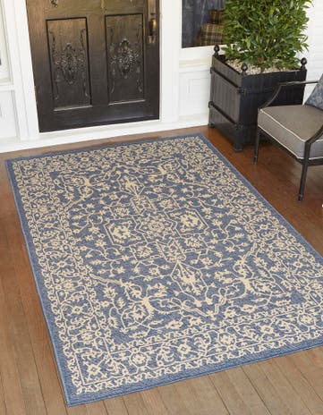 Blue Easy-Clean Botanical Indoor / Outdoor Rug
