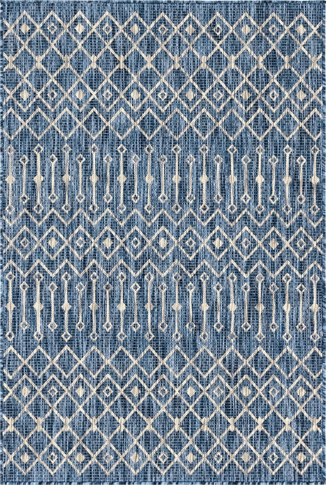 A 4x6 rectangular blue and white flatweave rug with a geometric tribal pattern, suitable for indoor or outdoor use.