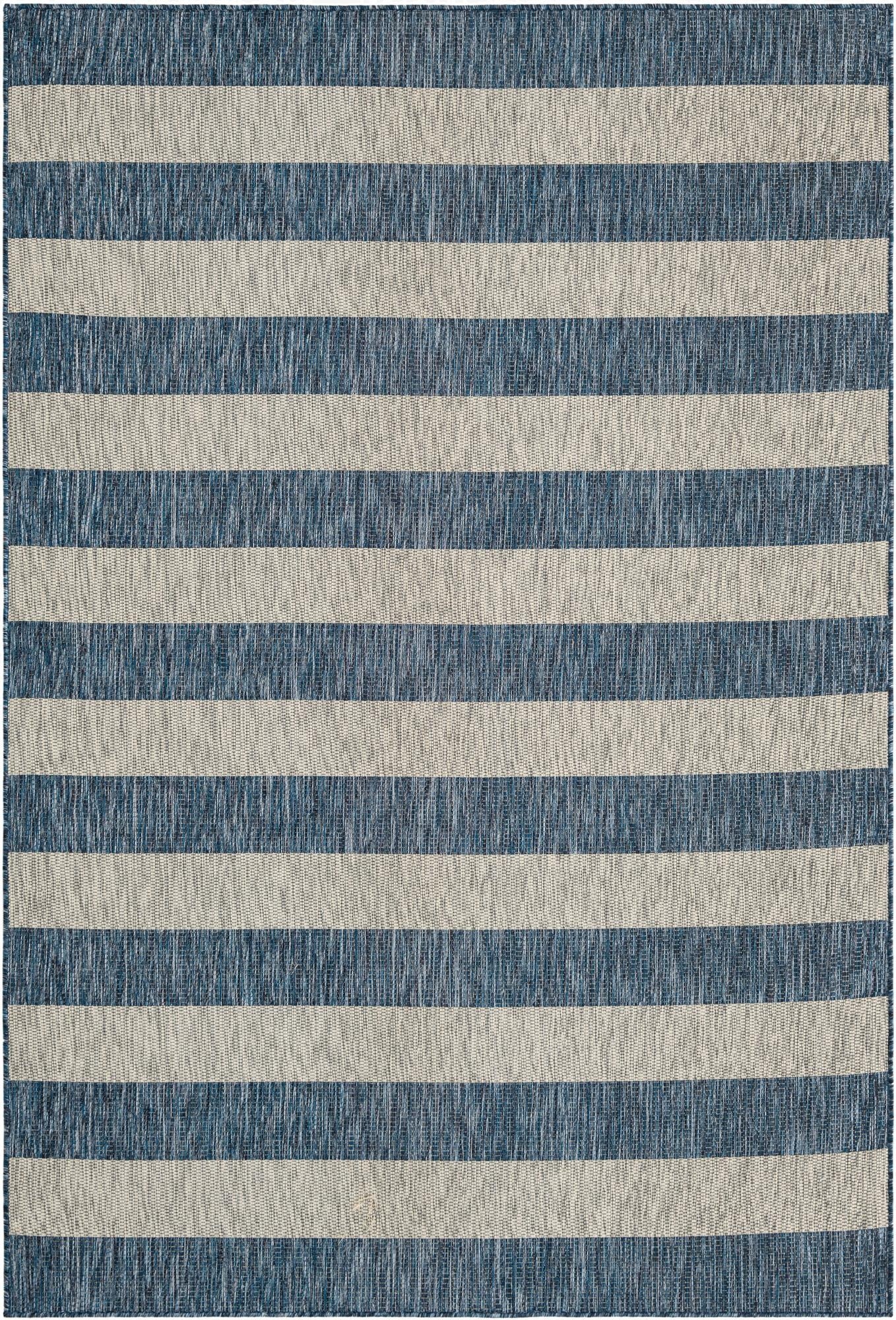 A 6x9 rectangular indoor/outdoor rug featuring wide horizontal stripes in varying shades of blue and light grey, showcasing a flatweave texture.