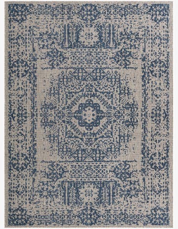 Blue Easy-Clean Traditional Indoor / Outdoor Rug