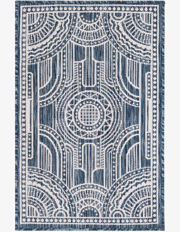 Blue Easy-Clean Traditional Indoor / Outdoor Rug
