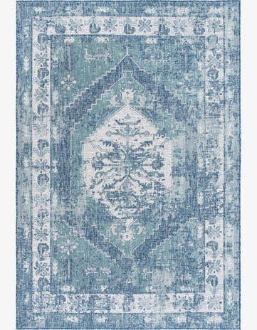 Blue Easy-Clean Traditional Indoor / Outdoor Rug