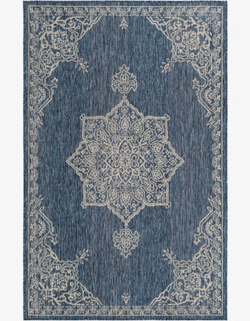 Blue Easy-Clean Traditional Indoor / Outdoor Rug
