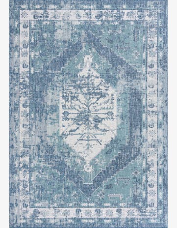 Blue Easy-Clean Traditional Indoor / Outdoor Rug