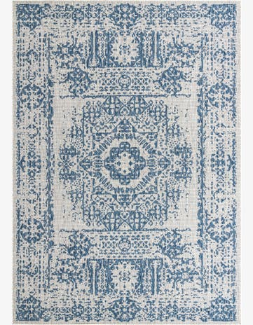 Blue Easy-Clean Traditional Indoor / Outdoor Rug