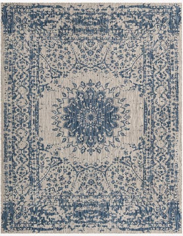 Blue Easy-Clean Traditional Indoor / Outdoor Rug