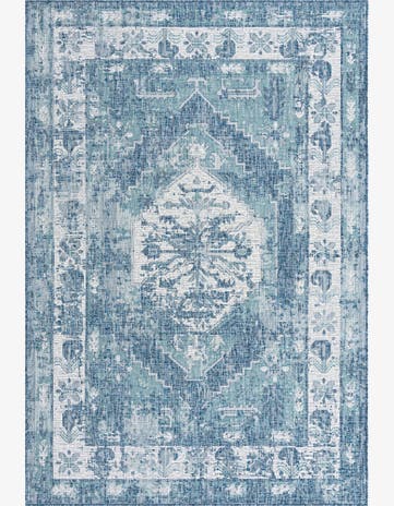 Blue Easy-Clean Traditional Indoor / Outdoor Rug