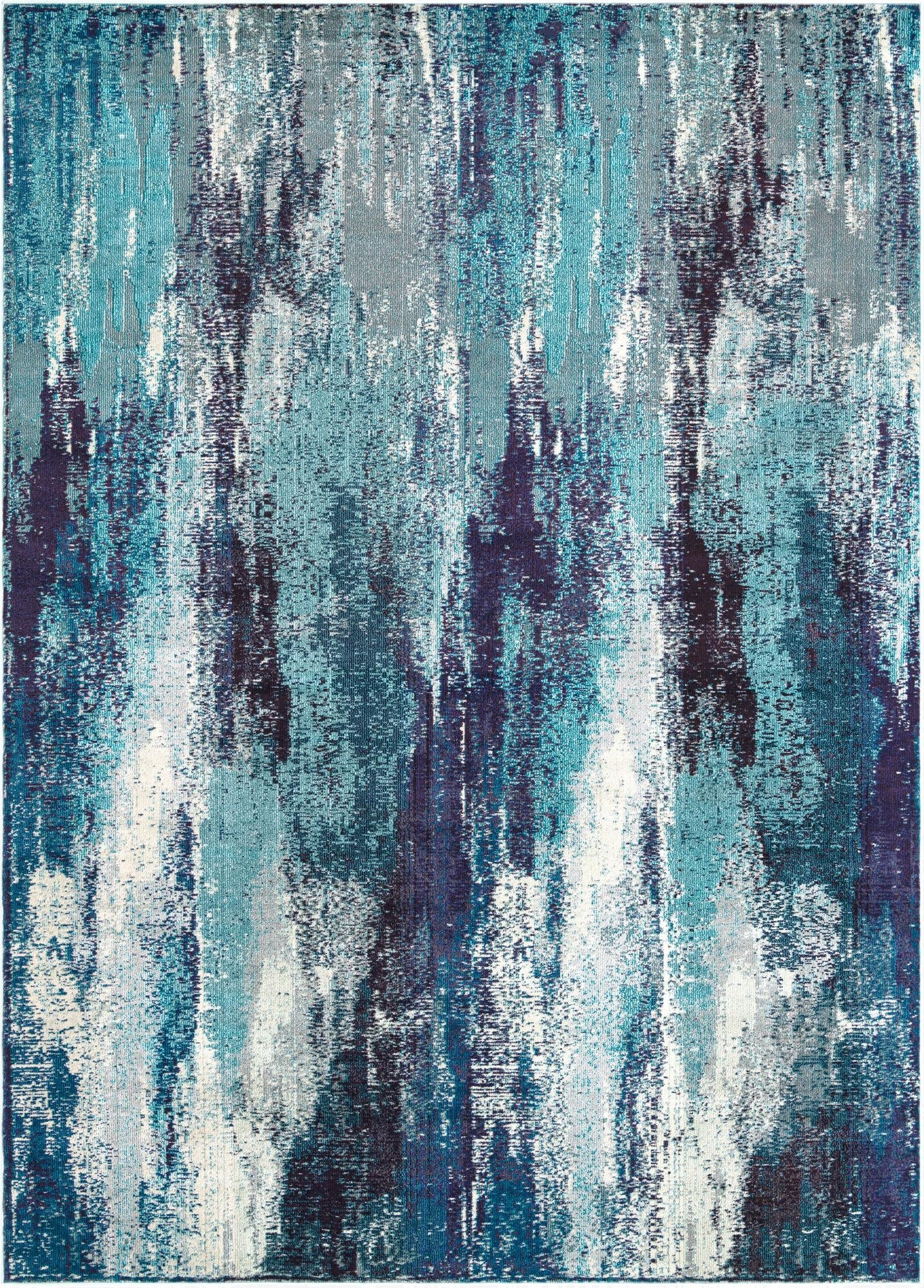 A 9x12 rectangular rug featuring an abstract, painterly pattern in various shades of blue, teal, and hints of grey and white.