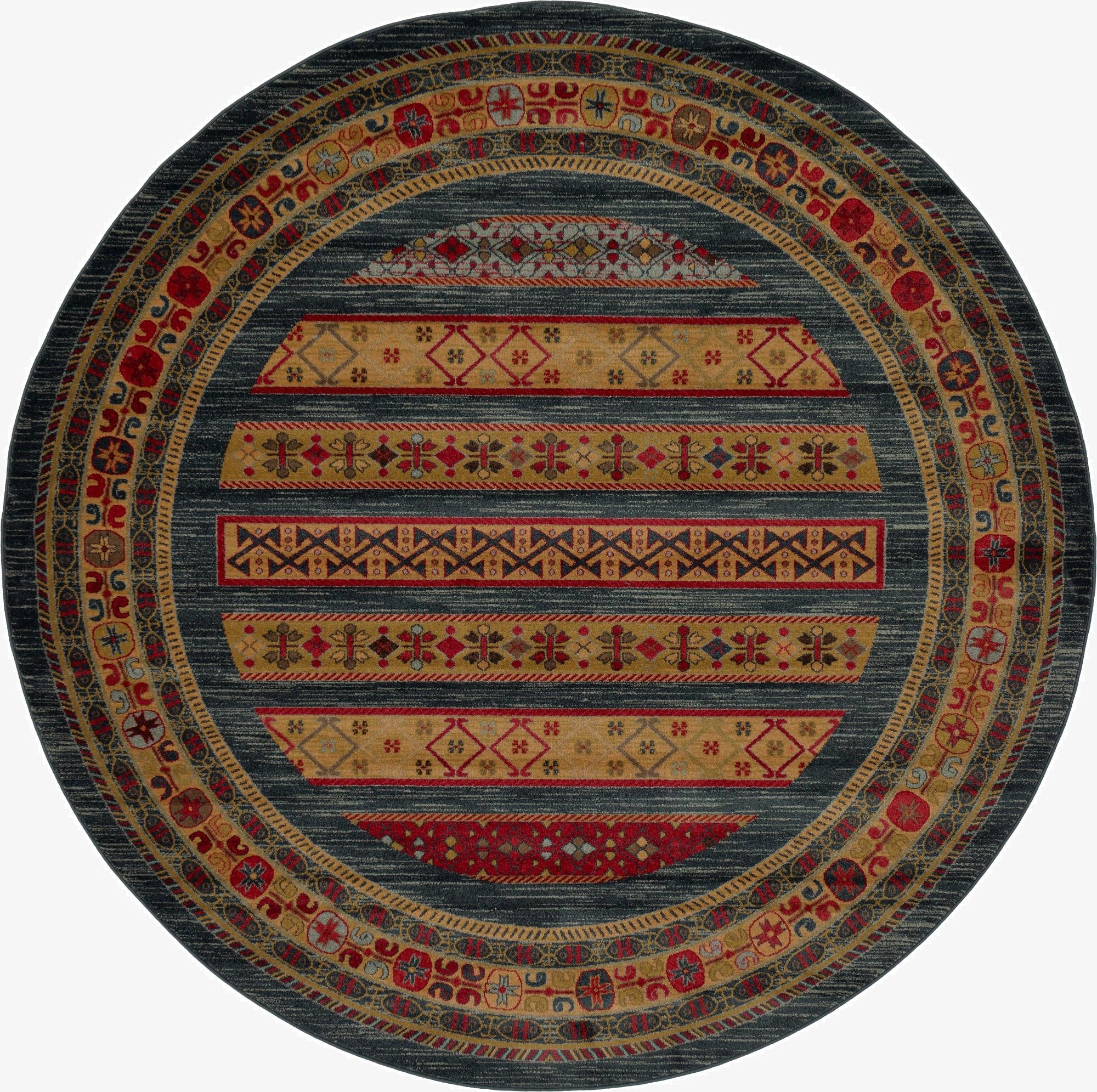 A round 8' blue Kashkuli Gabbeh rug with tribal stripes in red, gold, and cream, featuring a vintage modern design.