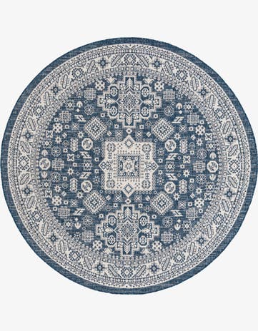 Blue Easy-Clean Aztec Indoor / Outdoor Round Rug