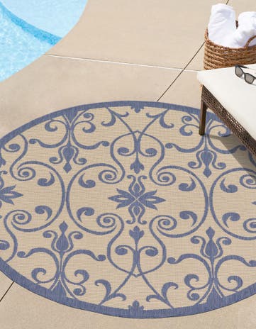 Blue Easy-Clean Botanical Indoor / Outdoor Round Rug
