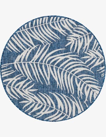 Blue Easy-Clean Botanical Indoor / Outdoor Round Rug