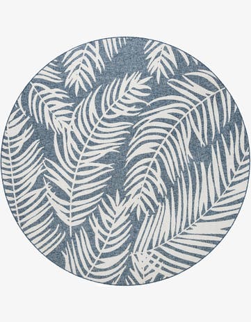 Blue Easy-Clean Botanical Indoor / Outdoor Round Rug