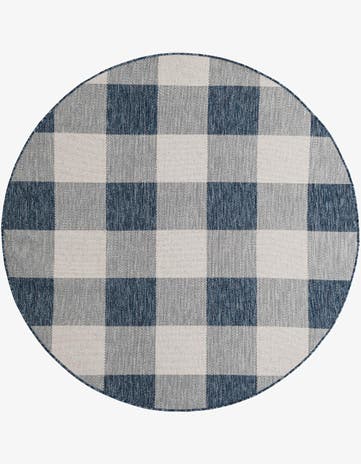 Blue Easy-Clean Checkered Indoor / Outdoor Round Rug