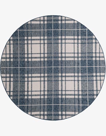Blue Easy-Clean Checkered Indoor / Outdoor Round Rug