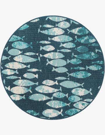 Blue Easy-Clean Coastal Indoor / Outdoor Round Rug