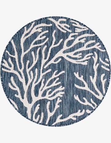 Blue Easy-Clean Coastal Indoor / Outdoor Round Rug