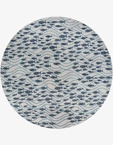 Blue Easy-Clean Coastal Indoor / Outdoor Round Rug