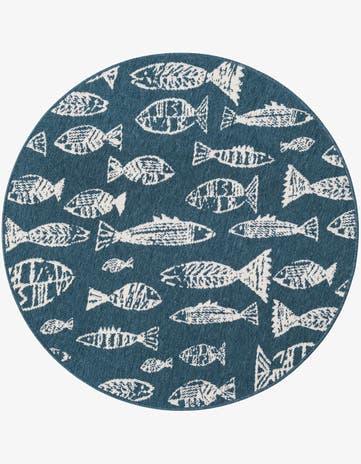 Blue Easy-Clean Coastal Indoor / Outdoor Round Rug