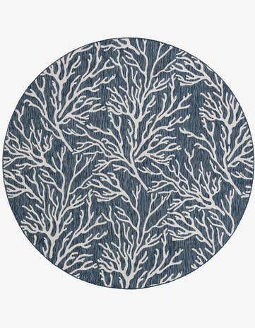 Blue Easy-Clean Coastal Indoor / Outdoor Round Rug