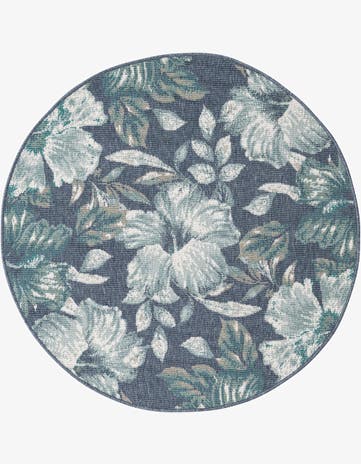 Blue Easy-Clean Coastal Indoor / Outdoor Round Rug
