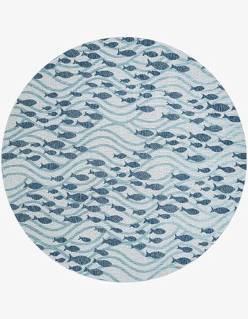 Blue Easy-Clean Coastal Indoor / Outdoor Round Rug