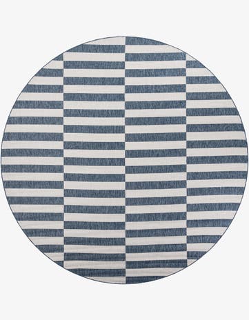 Blue Easy-Clean Striped Indoor / Outdoor Round Rug
